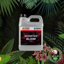 Garrafa gris 1l con etiqueta roja y negra de Monster Bloom de Grotek