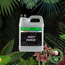 Garrafa gris 1l con etiqueta verde y negra de root force de grotek