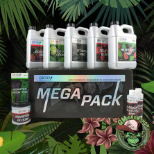 Foto de la caja de Mega Pack de Grotek, negra y plateada, con todas las garrafas y envases incluidos en el pack