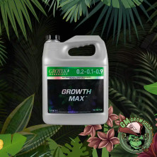 Foto garrafa gris 4l con etiqueta negra y verde de Growth Max de Grotek