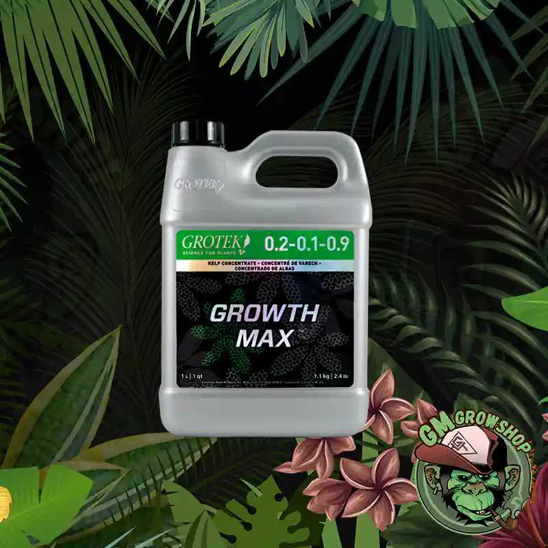 Foto garrafa gris 1l con etiqueta negra y verde de Growth Max de Grotek
