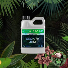 Foto garrafa gris 0,5l con etiqueta negra y verde de Growth Max de Grotek