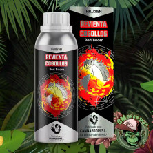 Botella plateada con etiqueta negra y roja 1l de Revienta Cogollos (Red Boom) Fullcrem de Cannaboom