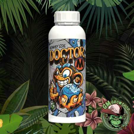 Botella blanca con etiqueta azul y naranja 1l de Doctor M de monkey soil