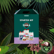 Foto de caja verde y rosa con imagen de todo el contenido del Canna Terra Starter Kit de Canna