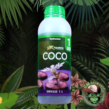 Botella transparente 1l con etiqueta y tapón verdes de Coco 1 Grow de Agrobeta