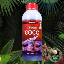 Botella transparente 1l con etiqueta y tapón rojos de Coco 2 Bloom de Agrobeta