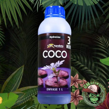 Botella transparente 1l con etiueta morada y tapón azul de Coco 3 Bloom de Agrobeta