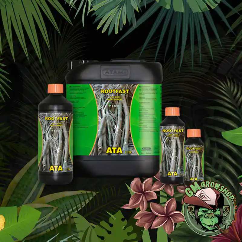Foto de todos los formatos de botella negra con etiqueta verde de ATA Rootfast