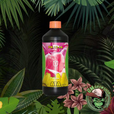 Foto de botella negra con etiqueta verde, rosa y amarilla de ATA PK 13-14 pequeña