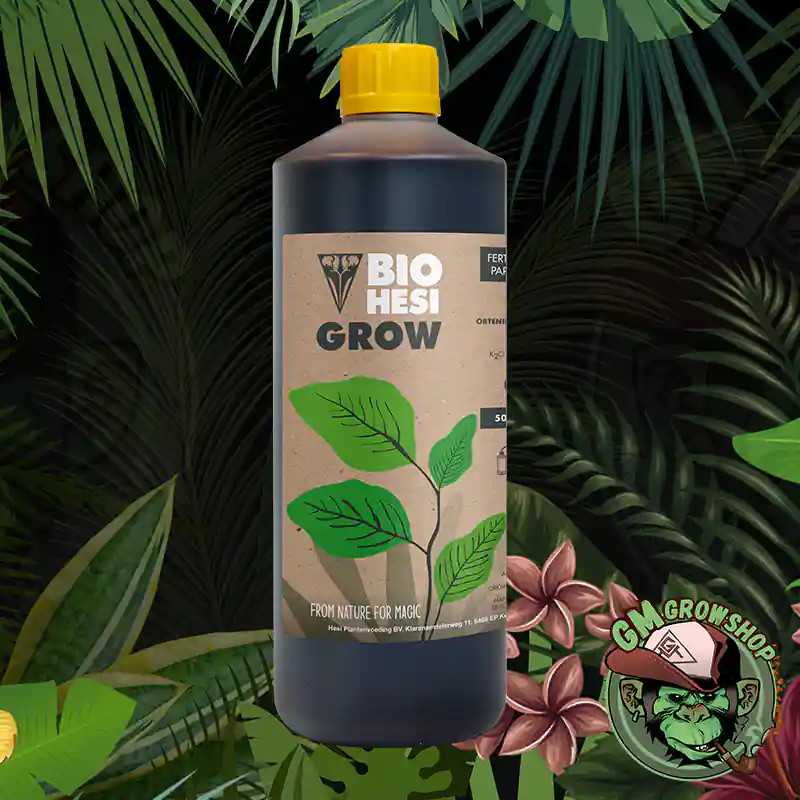 Foto botella transparente 1l con etiqueta marrón de bio hesi grow