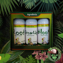 Foto de caja verde de kit green line con tres botellas blancas de root, growup y bloom de 1l