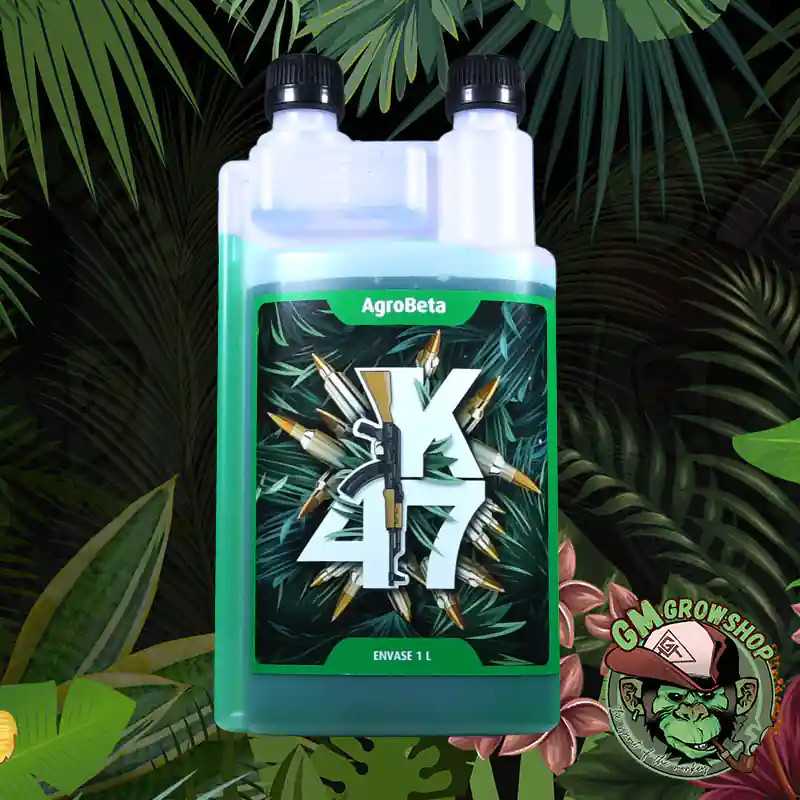 Botella transparente 1l con etiqueta verde de k 47 de agrobeta