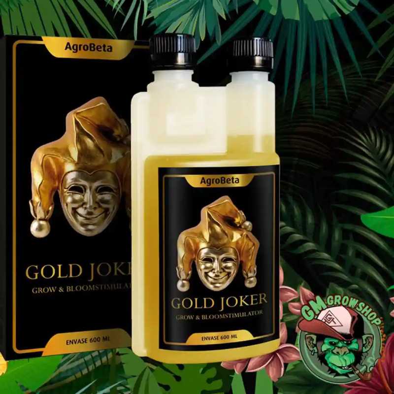 Botella transparente 600ml con etiqueta negra y dorada de Gold Joker de Agrobeta