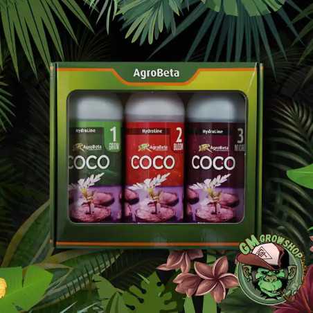 Foto de caja verde con tres botellas de 1l de Kit Coco de Agrobeta
